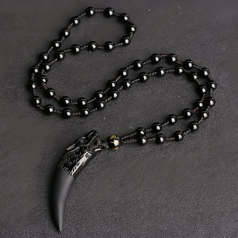 Collar con Diente de Lobo de Obsidiana Negra Natural: Amuleto de Valentía Natural Ice Obsidian Wolf Tooth Courage Pendant