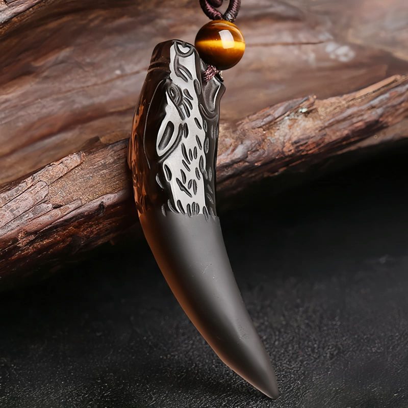 Collar con Diente de Lobo de Obsidiana Negra Natural: Amuleto de Valentía Natural Ice Obsidian Wolf Tooth Courage Pendant