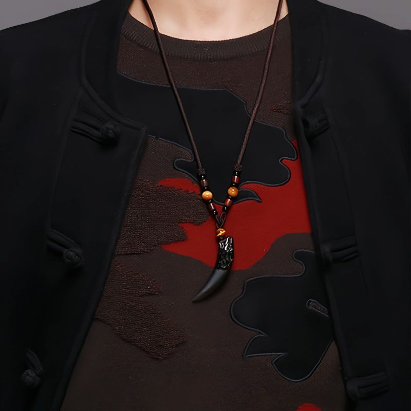 Collar con Diente de Lobo de Obsidiana Negra Natural: Amuleto de Valentía Natural Ice Obsidian Wolf Tooth Courage Pendant