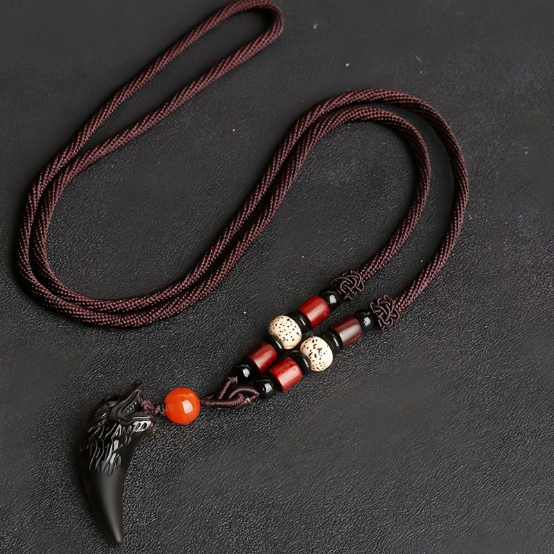 Collar con Diente de Lobo de Obsidiana Negra Natural: Amuleto de Valentía Natural Ice Obsidian Wolf Tooth Courage Pendant