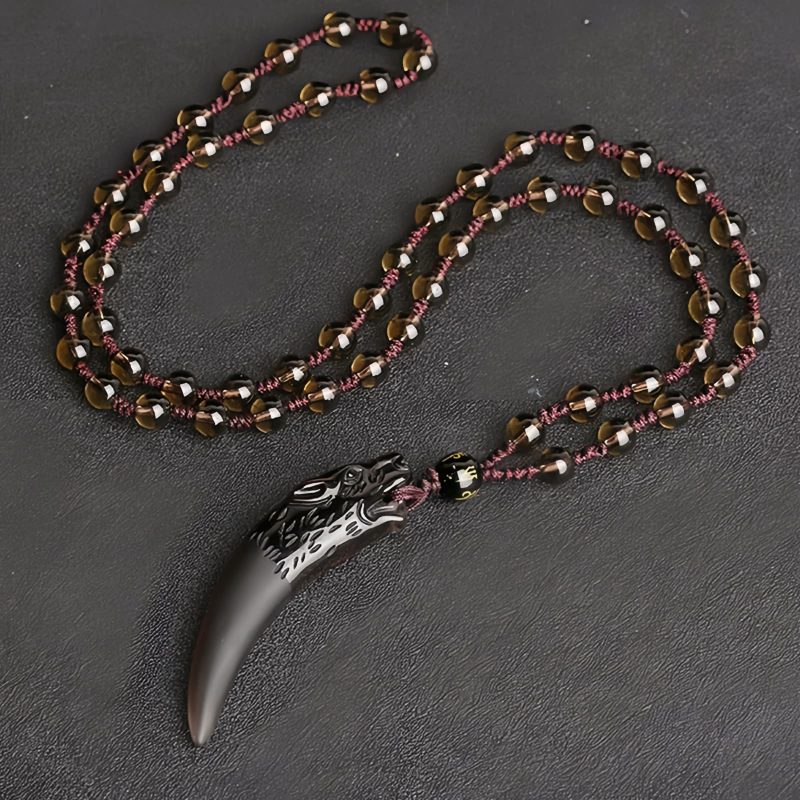Collar con Diente de Lobo de Obsidiana Negra Natural: Amuleto de Valentía Natural Ice Obsidian Wolf Tooth Courage Pendant