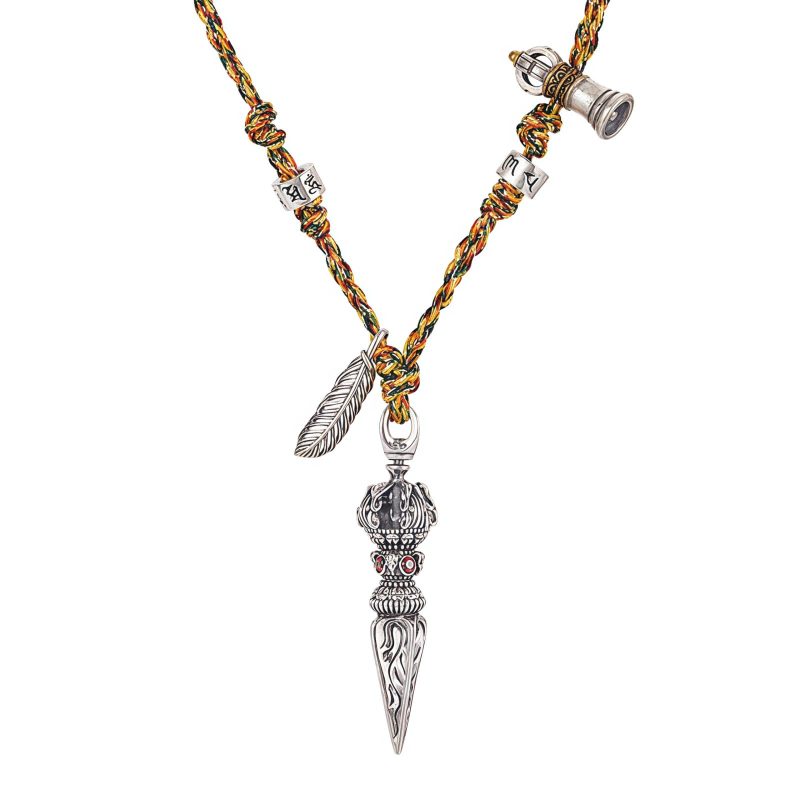 قلادة بتصميم دورجة فاجرا وأوم مانى بادمي هوم من الفضة الإسترلينية عيار 925 التبتية Tibetan 925 Sterling Silver Dorje Vajra Om Mani Padme Hum Necklace Pendant