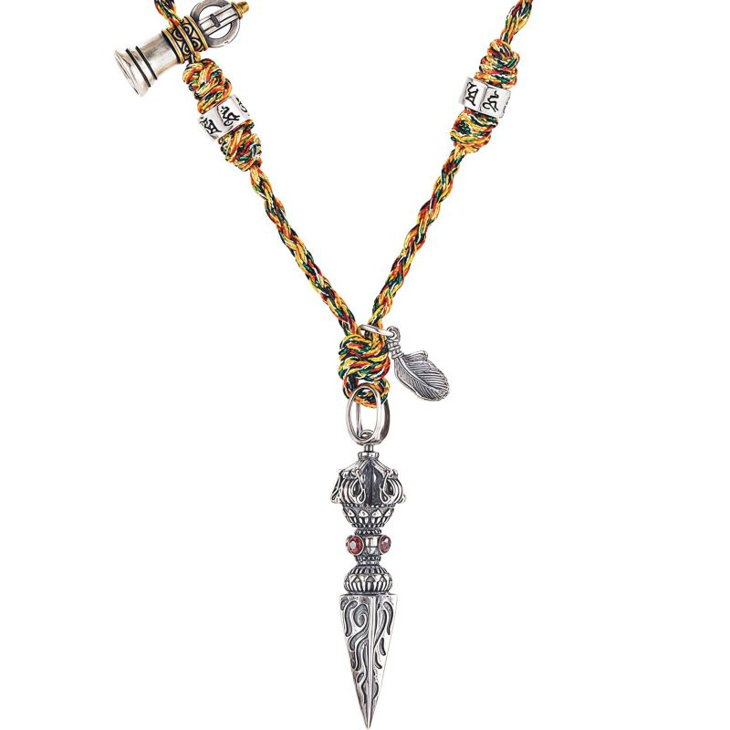 قلادة بتصميم دورجة فاجرا وأوم مانى بادمي هوم من الفضة الإسترلينية عيار 925 التبتية Tibetan 925 Sterling Silver Dorje Vajra Om Mani Padme Hum Necklace Pendant