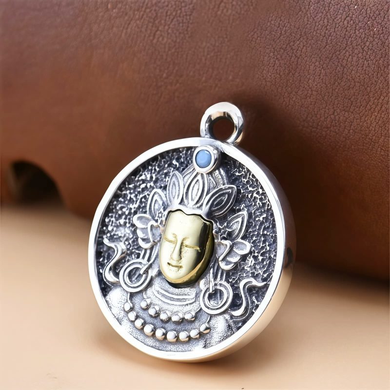 Collar de Tara Verde Doble Dorje Vajra de Plata Esterlina Tibetana 925 Tibetan 925 Sterling Silver Green Tara Double Dorje Vajra Necklace