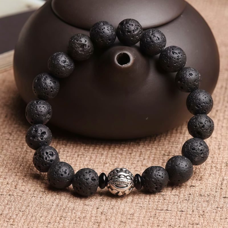 Pulsera de la Riqueza Pixiu de Roca de Lava y Cobre Blanco White Copper PiXiu Lava Rock Wealth Bracelet