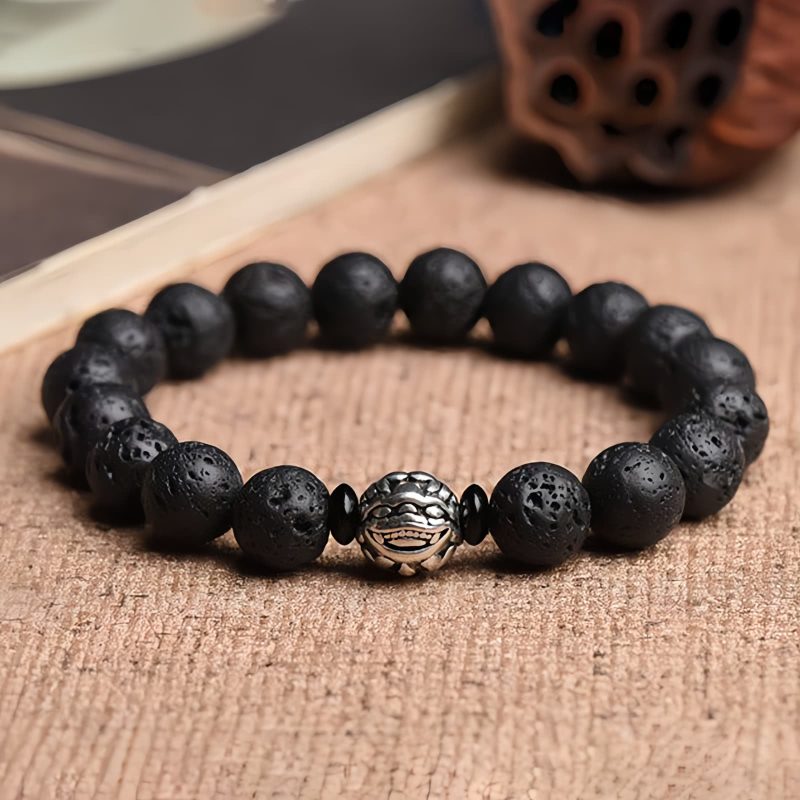Pulsera de la Riqueza Pixiu de Roca de Lava y Cobre Blanco White Copper PiXiu Lava Rock Wealth Bracelet