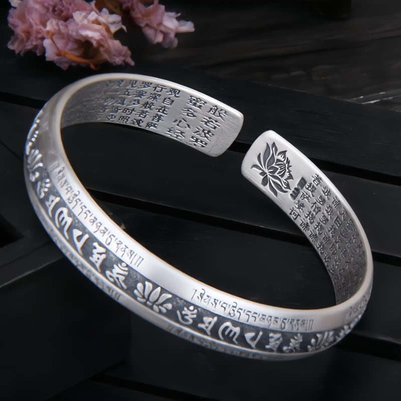 999 Perak Sterling Om Mani Padme Hum Lotus Meditasi Gelang 999 Sterling Silver Om Mani Padme Hum Lotus Meditation Bracelet
