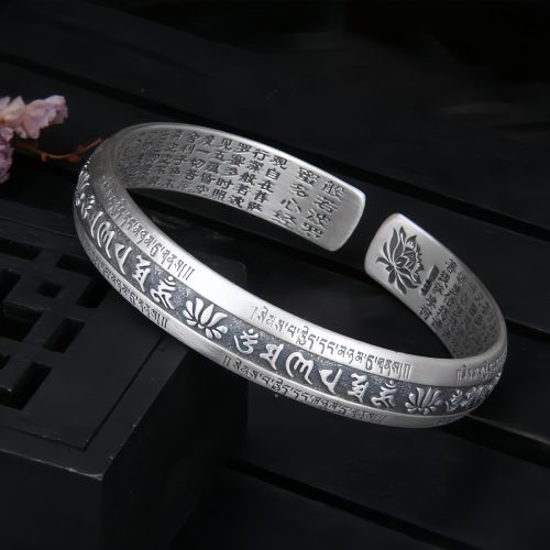 Pulsera de meditación de loto Om Mani Padme Hum en plata de ley 999 Pulsera de meditación de loto Om Mani Padme Hum en plata de ley 999