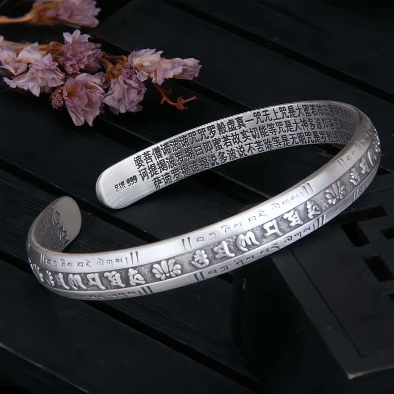 999 Perak Sterling Om Mani Padme Hum Lotus Meditasi Gelang 999 Sterling Silver Om Mani Padme Hum Lotus Meditation Bracelet