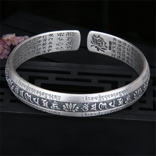 Pulsera de meditación de loto Om Mani Padme Hum en plata de ley 999 Pulsera de meditación de loto Om Mani Padme Hum en plata de ley 999