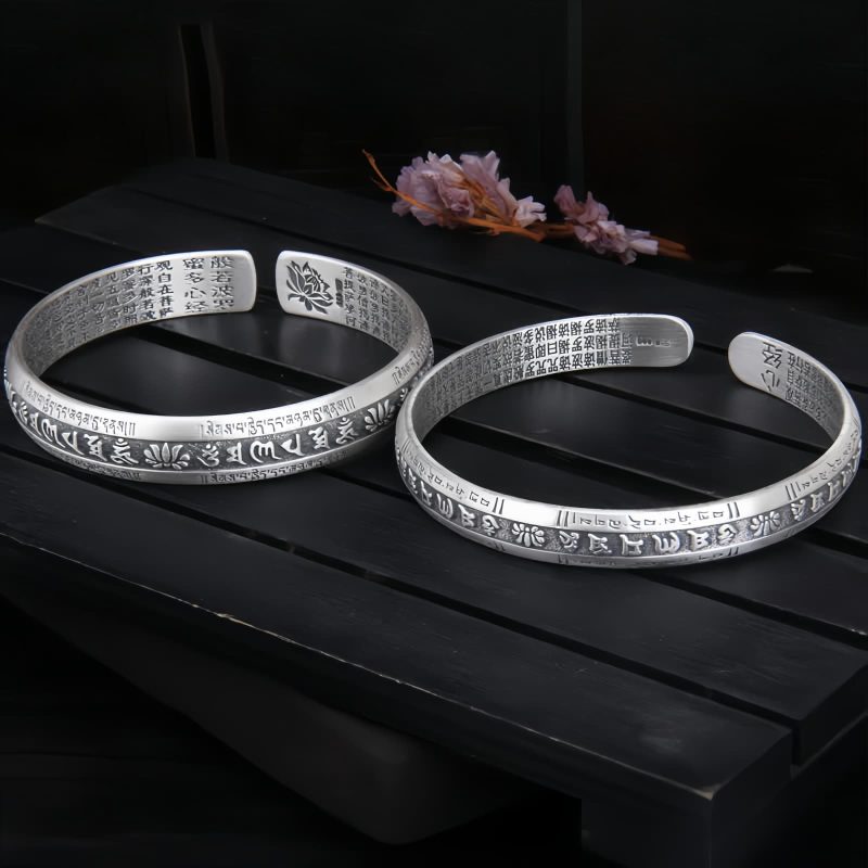 999 Perak Sterling Om Mani Padme Hum Lotus Meditasi Gelang 999 Sterling Silver Om Mani Padme Hum Lotus Meditation Bracelet