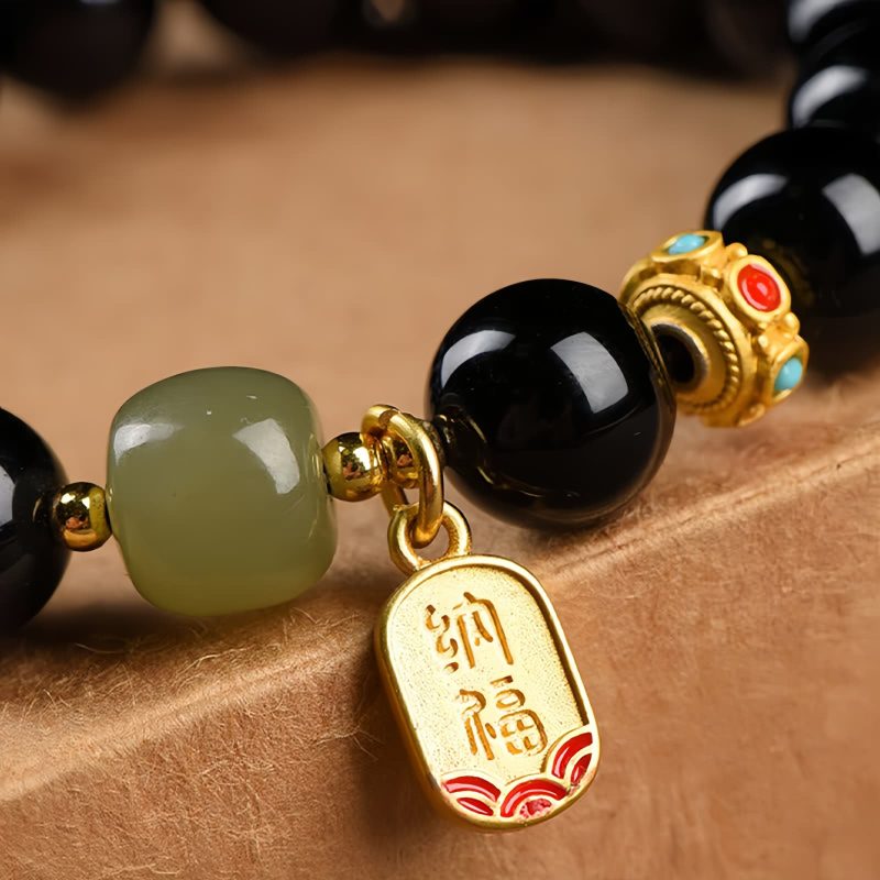 سوار يد من العقيق الأسود و حجر الهيتيان اليشم الثمين Black Onyx Hetian Jade Wealth Bracelet