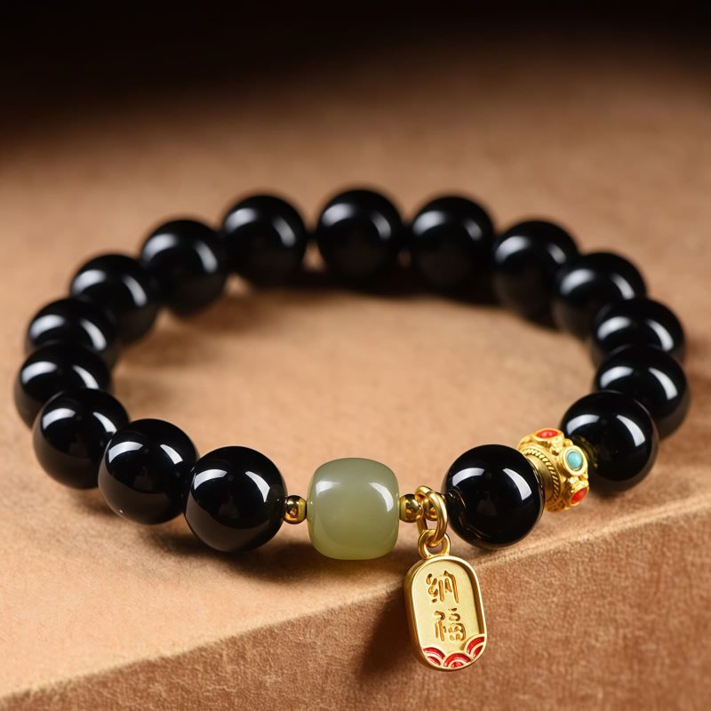 سوار يد من العقيق الأسود و حجر الهيتيان اليشم الثمين Black Onyx Hetian Jade Wealth Bracelet