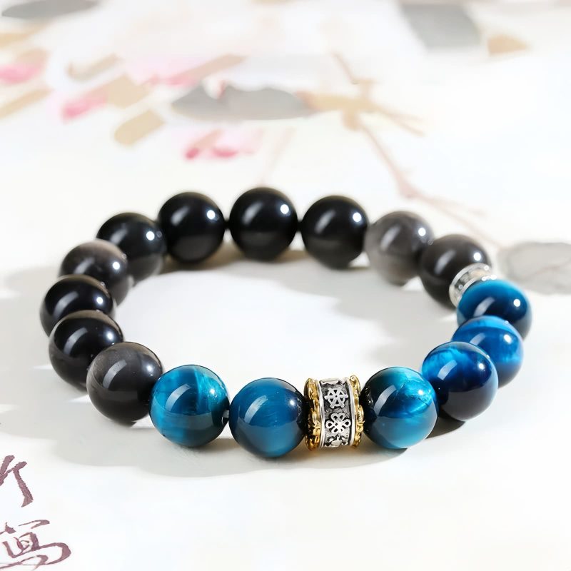 Pulsera de Protección y Fuerza con Ojo de Tigre Azul y Obsidiana Plateada Blue Tiger Eye Obsidian Strength Protection Bracelet