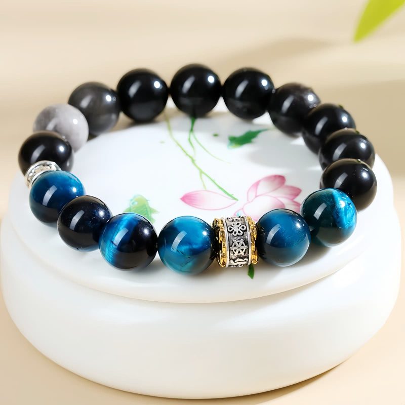 Pulsera de Protección y Fuerza con Ojo de Tigre Azul y Obsidiana Plateada Blue Tiger Eye Obsidian Strength Protection Bracelet