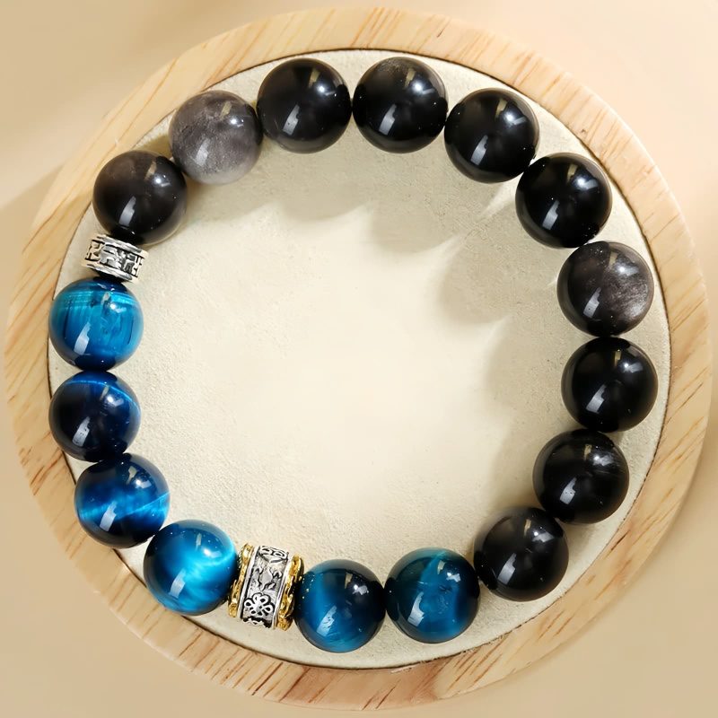 Pulsera de Protección y Fuerza con Ojo de Tigre Azul y Obsidiana Plateada Blue Tiger Eye Obsidian Strength Protection Bracelet