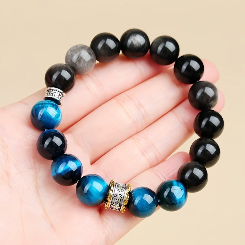 Pulsera de Protección y Fuerza con Ojo de Tigre Azul y Obsidiana Plateada Blue Tiger Eye Obsidian Strength Protection Bracelet