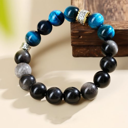 Pulsera de Protección y Fuerza con Ojo de Tigre Azul y Obsidiana Plateada Pulsera de Protección y Fuerza con Ojo de Tigre Azul y Obsidiana Plateada
