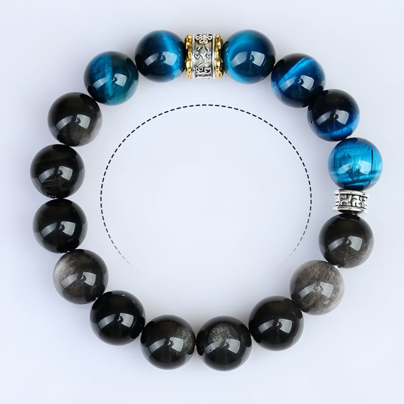 Pulsera de Protección y Fuerza con Ojo de Tigre Azul y Obsidiana Plateada Blue Tiger Eye Obsidian Strength Protection Bracelet