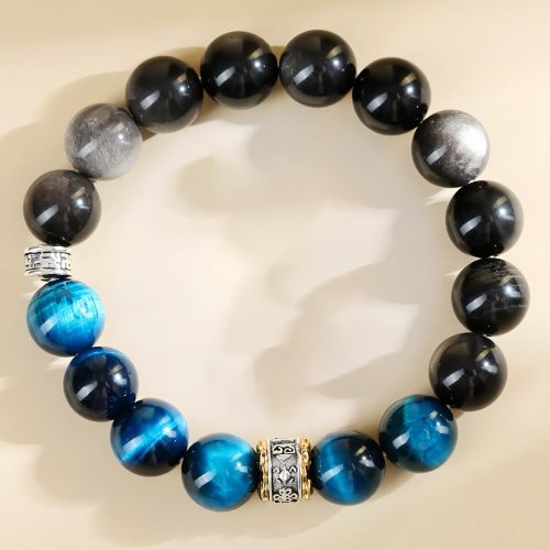 Pulsera de Protección y Fuerza con Ojo de Tigre Azul y Obsidiana Plateada Pulsera de Protección y Fuerza con Ojo de Tigre Azul y Obsidiana Plateada