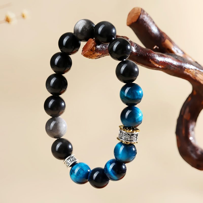 Pulsera de Protección y Fuerza con Ojo de Tigre Azul y Obsidiana Plateada Blue Tiger Eye Obsidian Strength Protection Bracelet