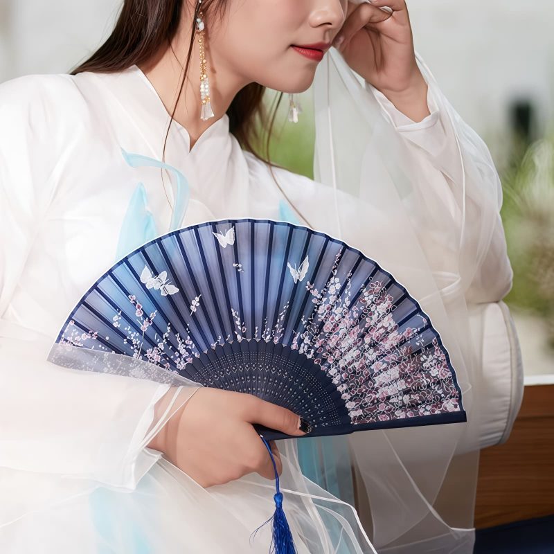 Abanico Plegable de Bambú con Flores de Mariposa Handheld Bamboo Folding Fan with Butterfly Flowers