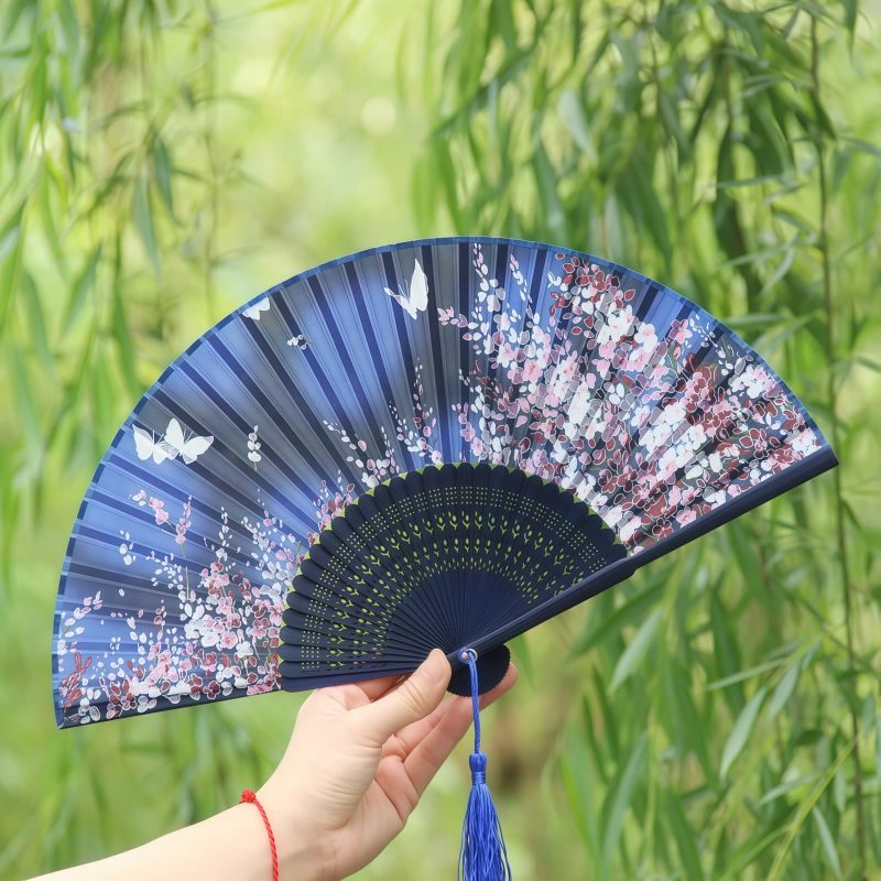 Abanico Plegable de Bambú con Flores de Mariposa Handheld Bamboo Folding Fan with Butterfly Flowers