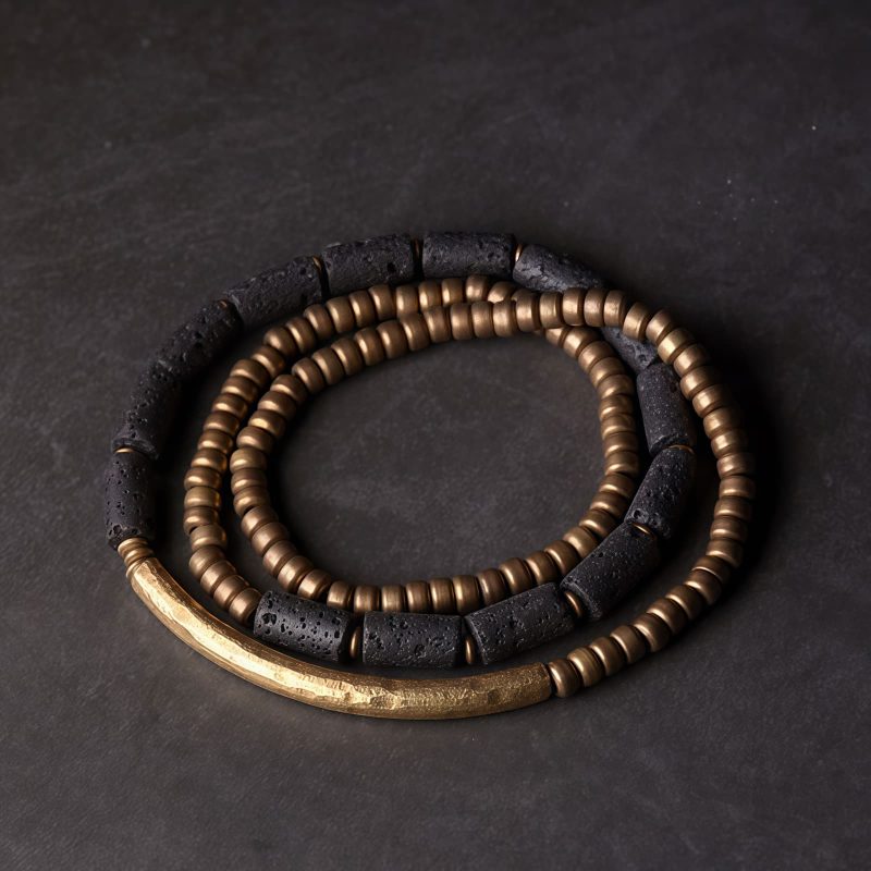 Pulsera Calmante de Vueltas Múltiples de Roca de Lava y Latón Lava Rock Brass Multi-Turn Calm Bracelet