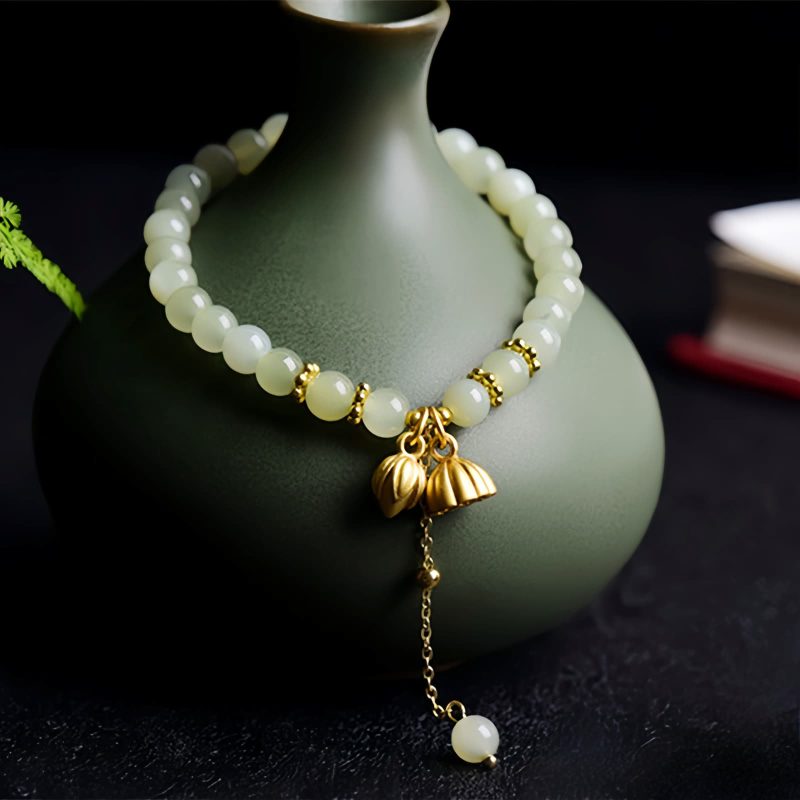 Pulsera con Encanto de Loto de Jade Hetian Natural Natural Hetian Jade Lotus Charm Bracelet