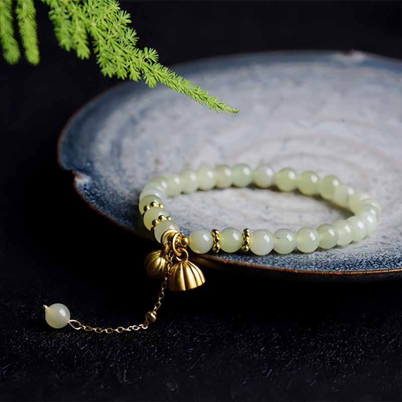 Pulsera con Encanto de Loto de Jade Hetian Natural Natural Hetian Jade Lotus Charm Bracelet