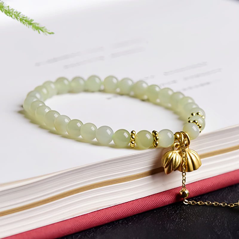 Pulsera con Encanto de Loto de Jade Hetian Natural Natural Hetian Jade Lotus Charm Bracelet