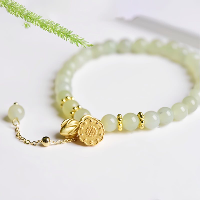 Pulsera con Encanto de Loto de Jade Hetian Natural Natural Hetian Jade Lotus Charm Bracelet
