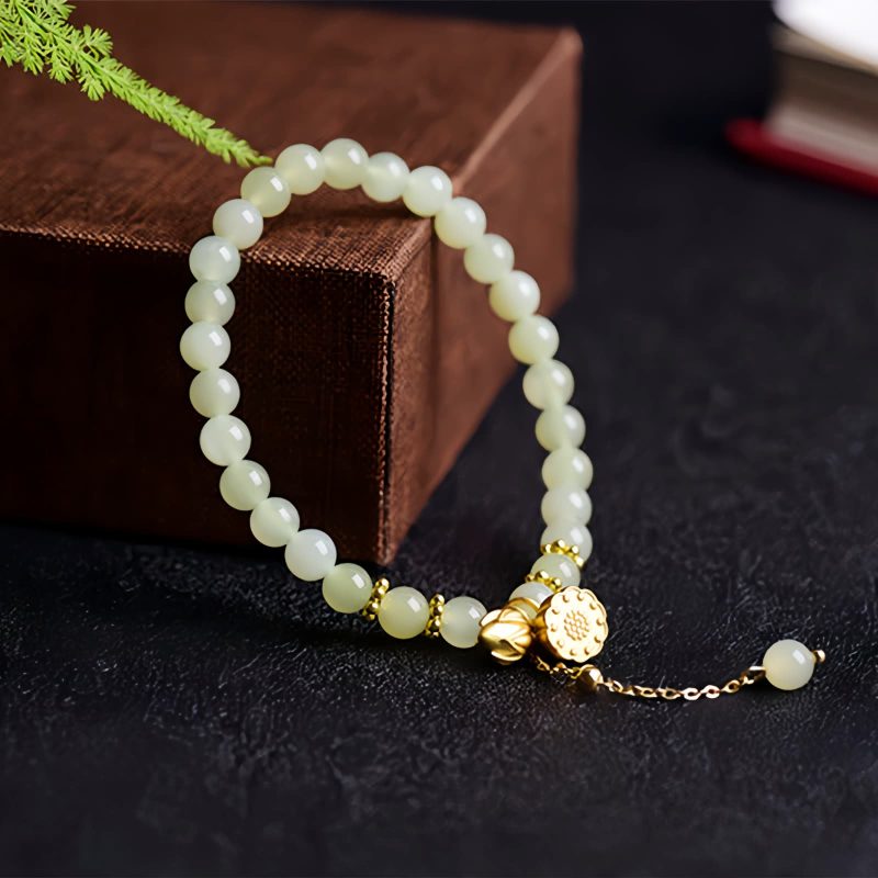 Pulsera con Encanto de Loto de Jade Hetian Natural Natural Hetian Jade Lotus Charm Bracelet