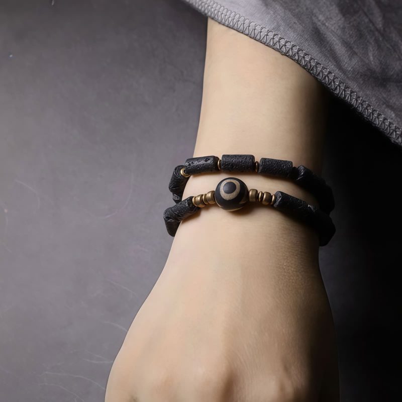 Pulsera Tibetana de Protección con Ojo de Tigre y Roca Volcánica Tibetan Three-eyed Dzi Bead Lava Rock Protection Bracelet