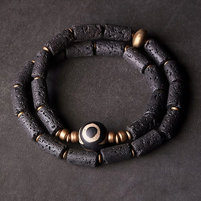 Pulsera Tibetana de Protección con Ojo de Tigre y Roca Volcánica Tibetan Three-eyed Dzi Bead Lava Rock Protection Bracelet