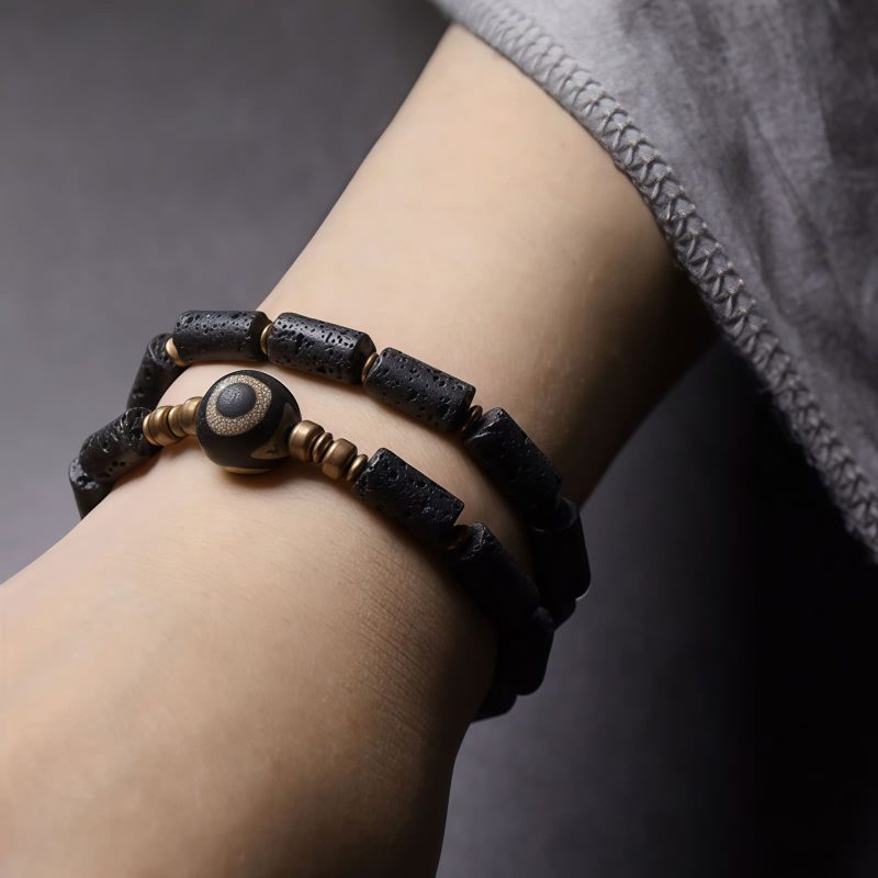 Pulsera Tibetana de Protección con Ojo de Tigre y Roca Volcánica Tibetan Three-eyed Dzi Bead Lava Rock Protection Bracelet