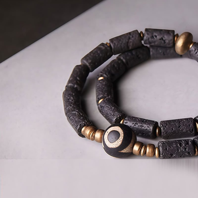 Pulsera Tibetana de Protección con Ojo de Tigre y Roca Volcánica Tibetan Three-eyed Dzi Bead Lava Rock Protection Bracelet