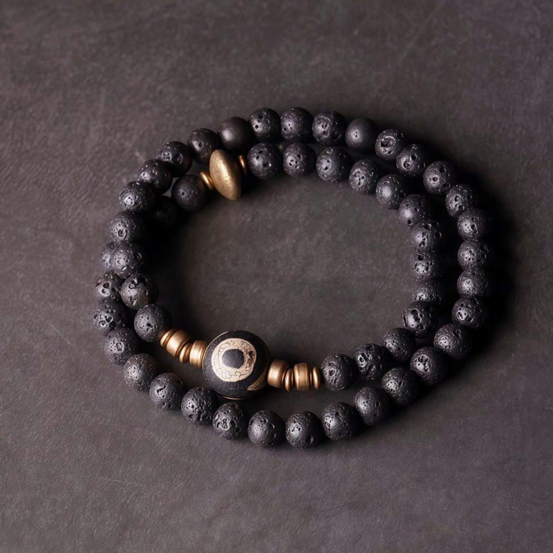 Pulsera de Lava Volcánica Vintage con Ojo de Tigre de Tres Ojos Vintage Lava Rock Healing Bracelet with Three-eyed Dzi Bead