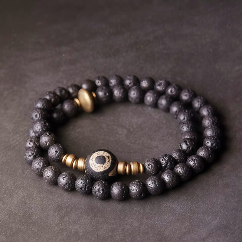 Pulsera de Lava Volcánica Vintage con Ojo de Tigre de Tres Ojos Vintage Lava Rock Healing Bracelet with Three-eyed Dzi Bead