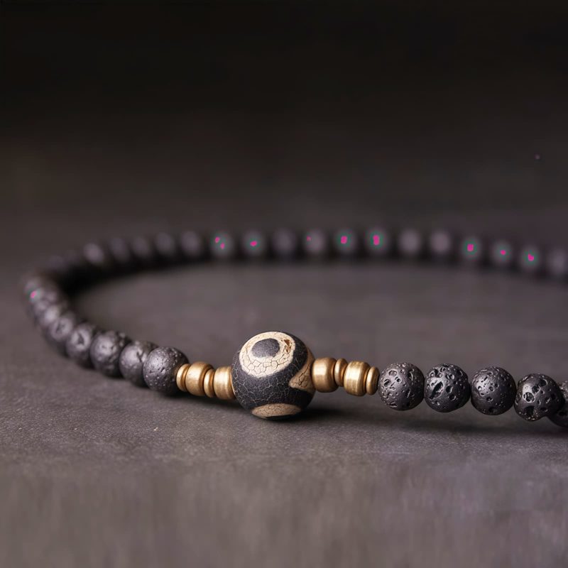 Pulsera de Lava Volcánica Vintage con Ojo de Tigre de Tres Ojos Vintage Lava Rock Healing Bracelet with Three-eyed Dzi Bead
