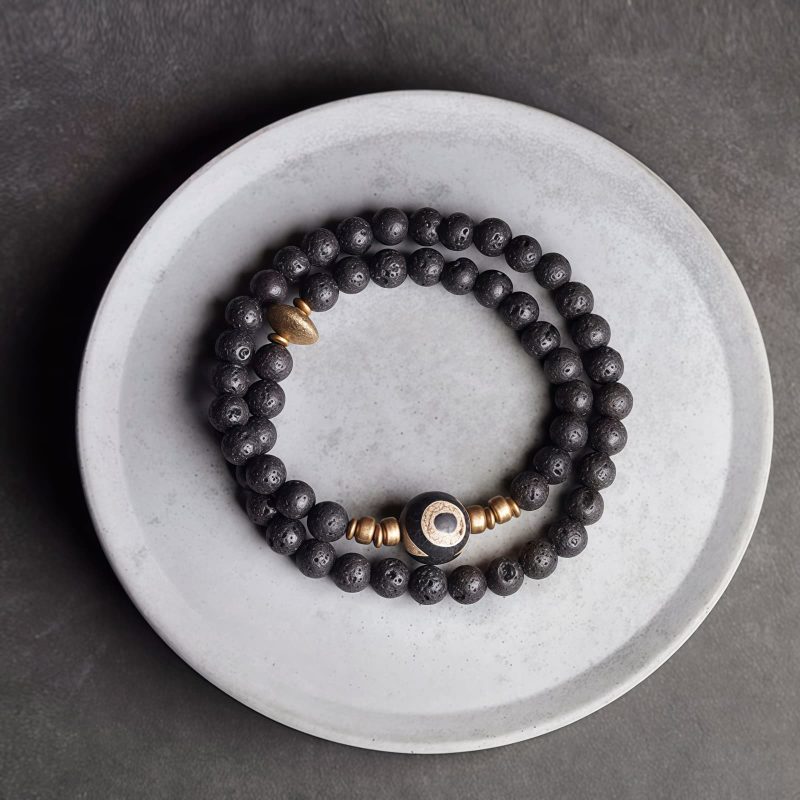 Pulsera de Lava Volcánica Vintage con Ojo de Tigre de Tres Ojos Vintage Lava Rock Healing Bracelet with Three-eyed Dzi Bead