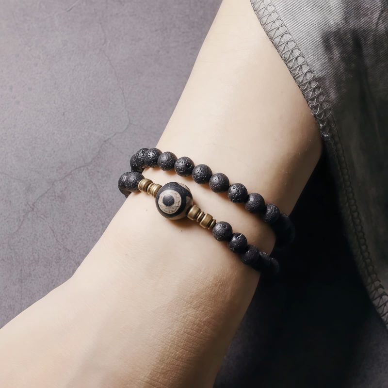 Pulsera de Lava Volcánica Vintage con Ojo de Tigre de Tres Ojos Vintage Lava Rock Healing Bracelet with Three-eyed Dzi Bead