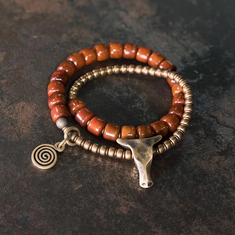 Pulsera Tibetana de Fuerza de Hueso de Yak con Colgante de Cobre Yak Bone Tibetan Strength Bracelet with Copper Pendant