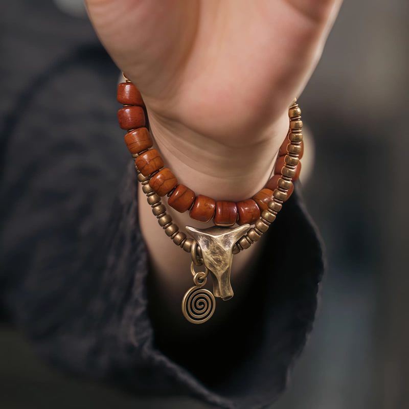 Pulsera Tibetana de Fuerza de Hueso de Yak con Colgante de Cobre Yak Bone Tibetan Strength Bracelet with Copper Pendant