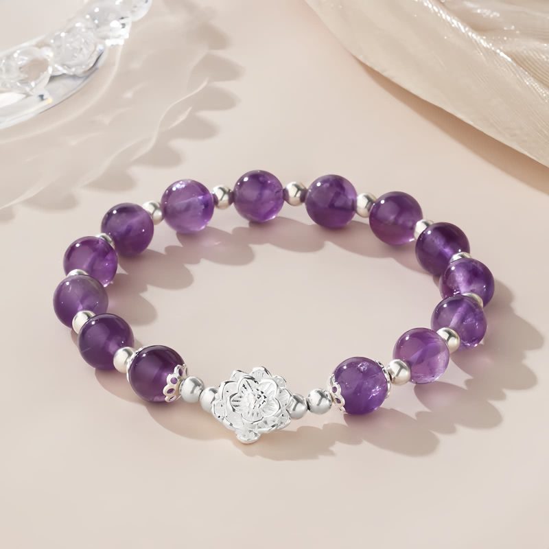 سوار ياسمينة طبيعي من الفضة عيار 925 على شكل زهرة اللوتس 925 Silver Natural Amethyst Lotus Bracelet