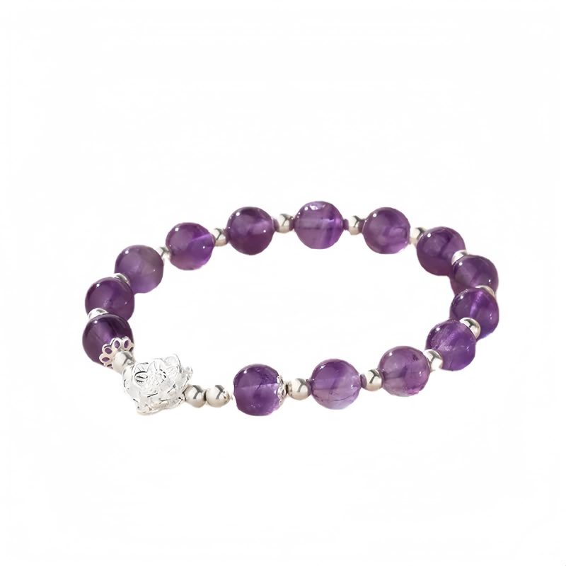 سوار ياسمينة طبيعي من الفضة عيار 925 على شكل زهرة اللوتس 925 Silver Natural Amethyst Lotus Bracelet