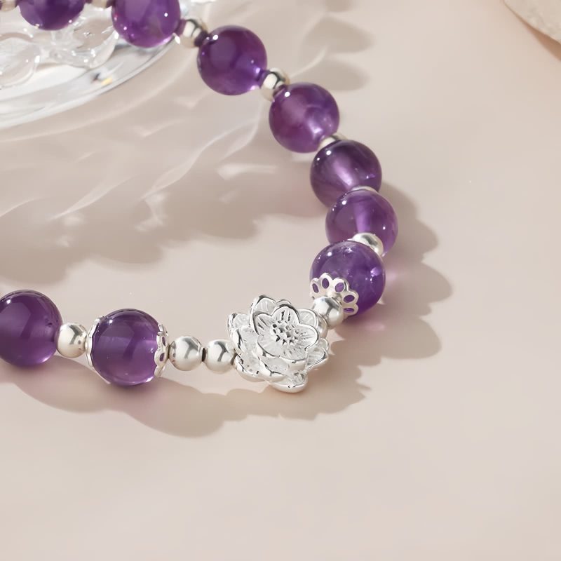 سوار ياسمينة طبيعي من الفضة عيار 925 على شكل زهرة اللوتس 925 Silver Natural Amethyst Lotus Bracelet