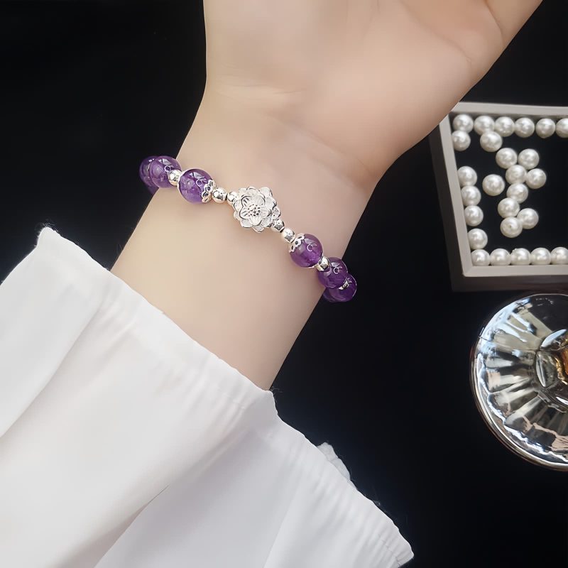 سوار ياسمينة طبيعي من الفضة عيار 925 على شكل زهرة اللوتس 925 Silver Natural Amethyst Lotus Bracelet