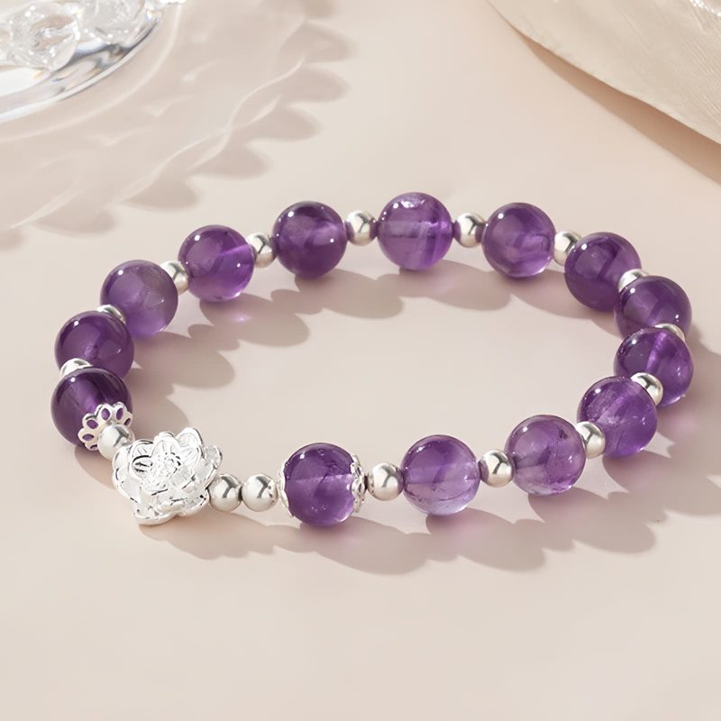 سوار ياسمينة طبيعي من الفضة عيار 925 على شكل زهرة اللوتس 925 Silver Natural Amethyst Lotus Bracelet