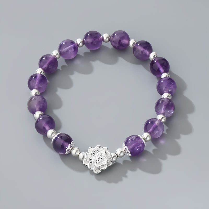 سوار ياسمينة طبيعي من الفضة عيار 925 على شكل زهرة اللوتس 925 Silver Natural Amethyst Lotus Bracelet